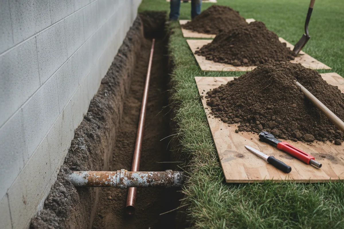 Excavated water line trench during Water Heater Repair in Gilbertsville